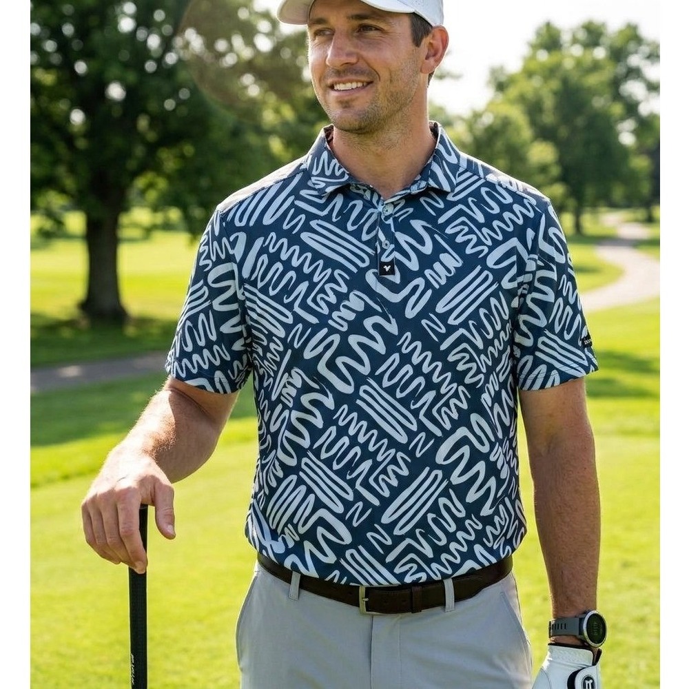 Bad Birdie Polo Shirt Mens 2XL Blue Abstract Squiggle Print Golf Performance